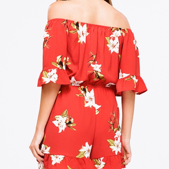 NWT Red Floral Off-the-Shoulder Romper - Picture 6 of 8